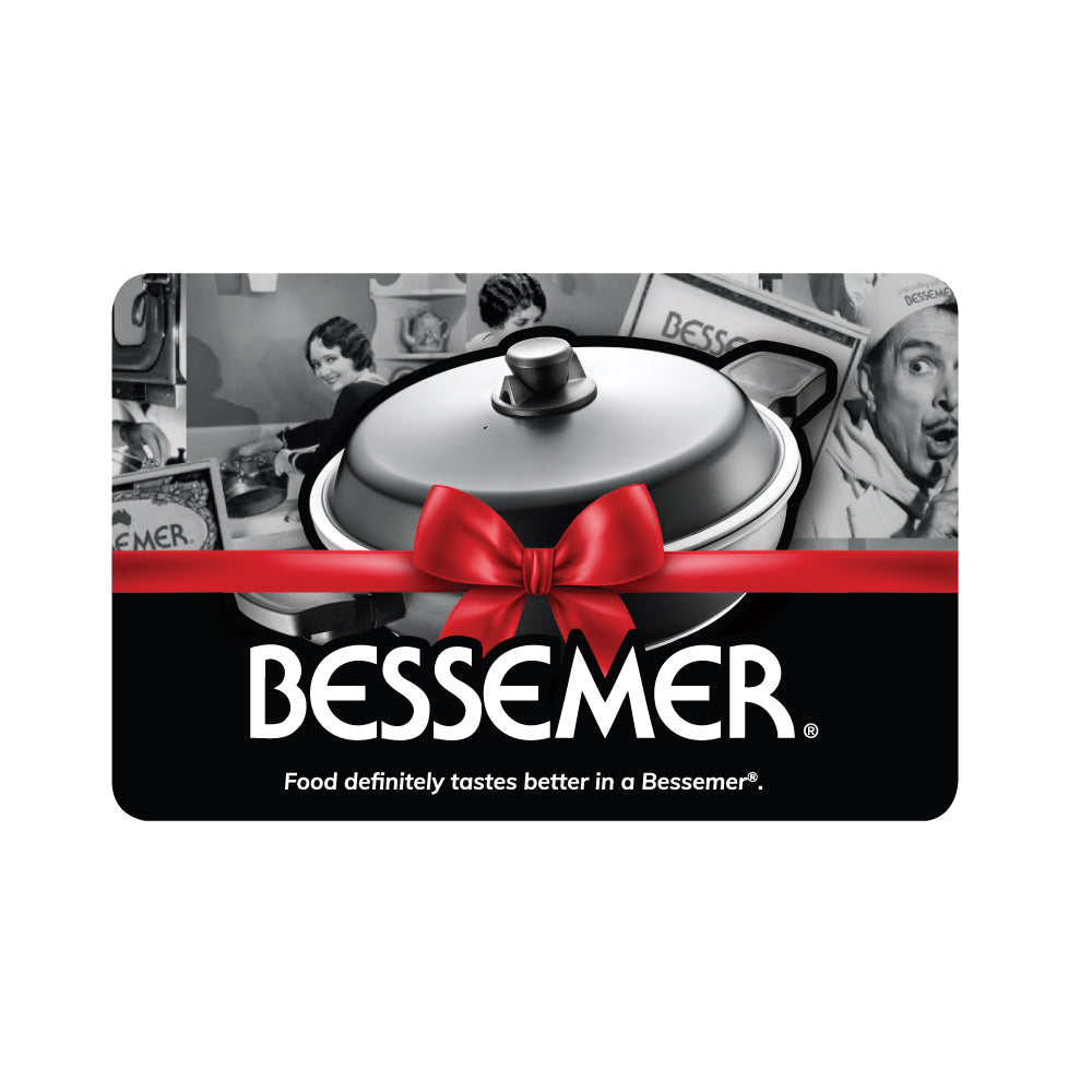 Bessemer cookware gift card with a black and white background and red ribbon.