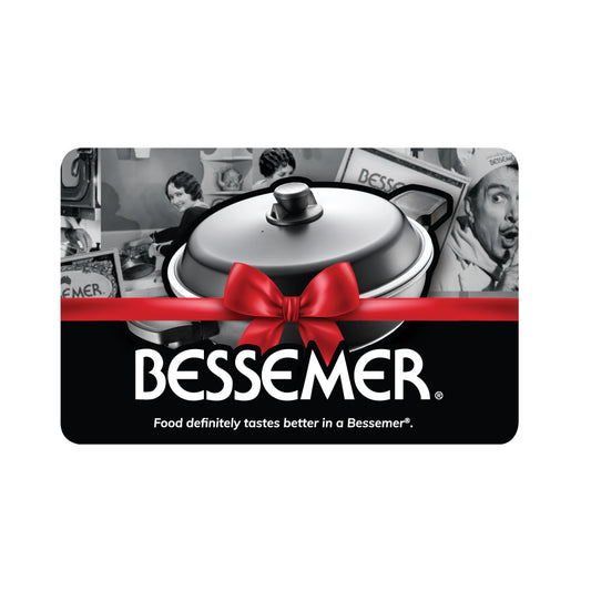 Bessemer cookware gift card with a black and white background and red ribbon.